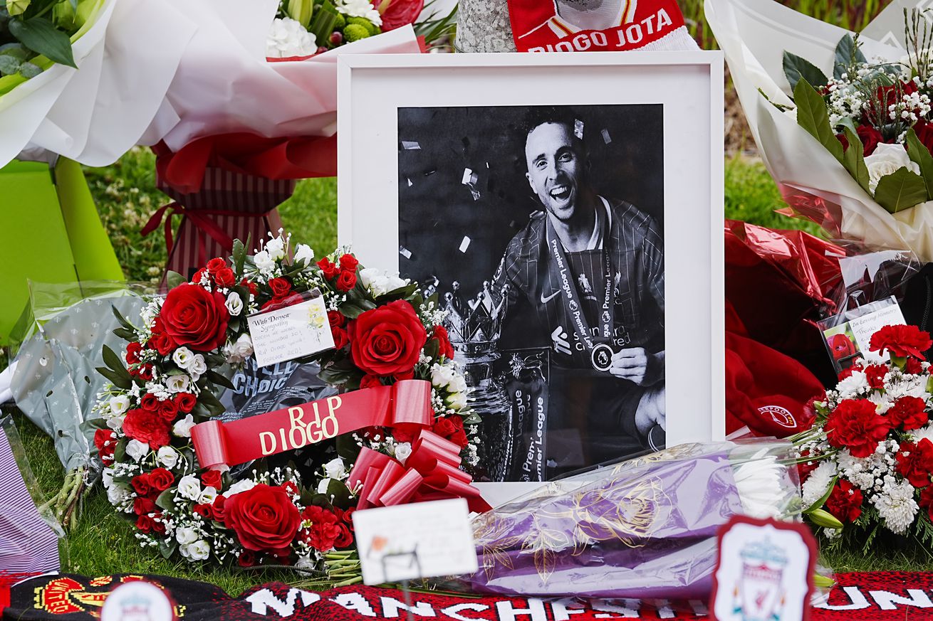 Tributes at Anfield Stadium, home of Liverpool, in memory of Diogo Jota who has died at the age of 28. The Portugal forward died along with his younger brother Andre Silva in the accident in Zamora on Thursday morning. Picture date: Friday July 4, 2025.
