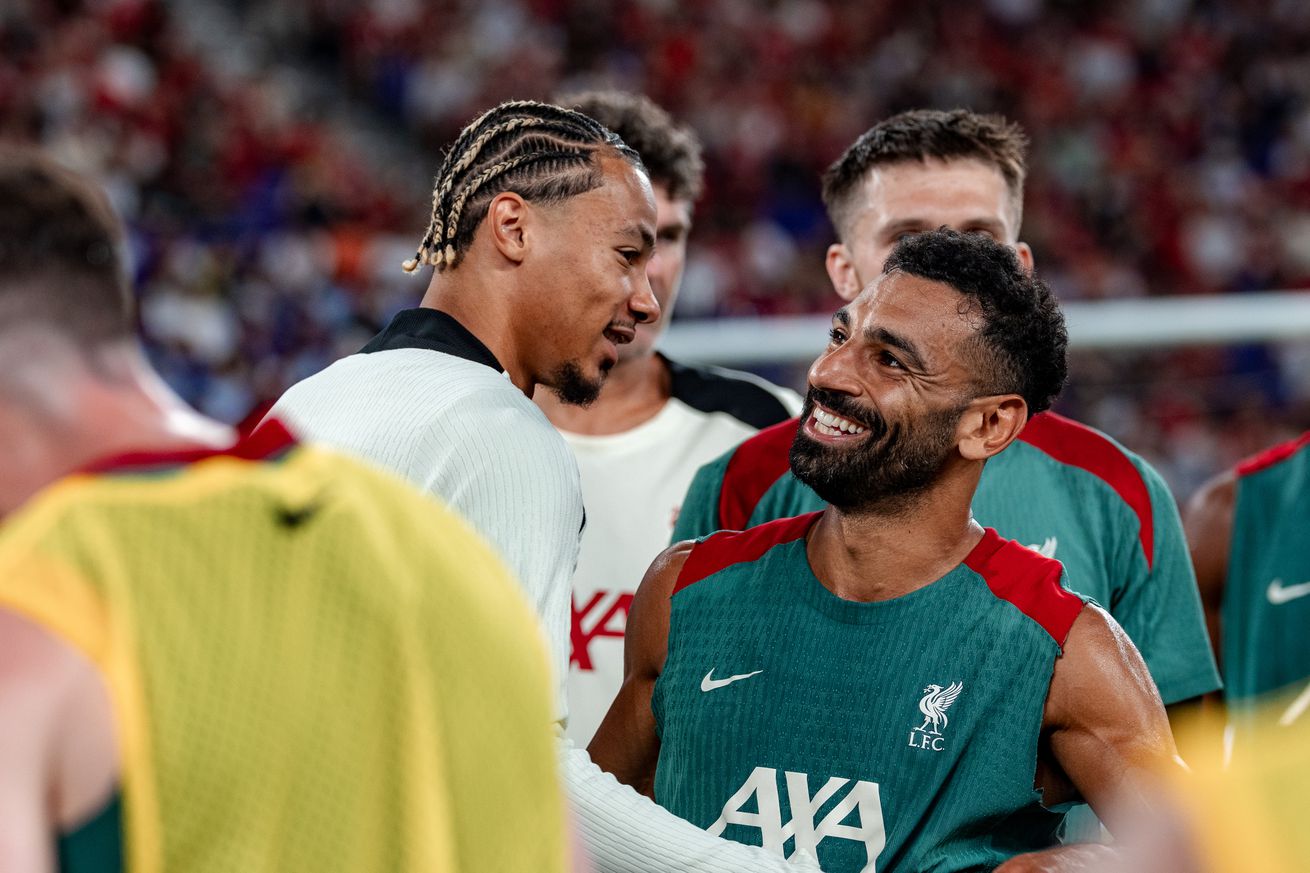 Hugo Ekitike and Mohamed Salah of Liverpool during a pre-season training session at Kai Tak Stadium on July 24, 2025 in Hong Kong, China.